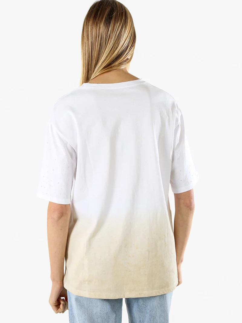 T-shirt donna oversize con strass e sfumatura - beige