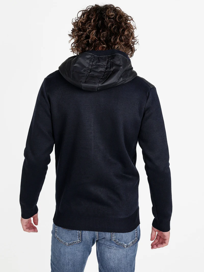 Giubbino da uomo con cappuccio e zip e dettagli in maglia - blu scuro
