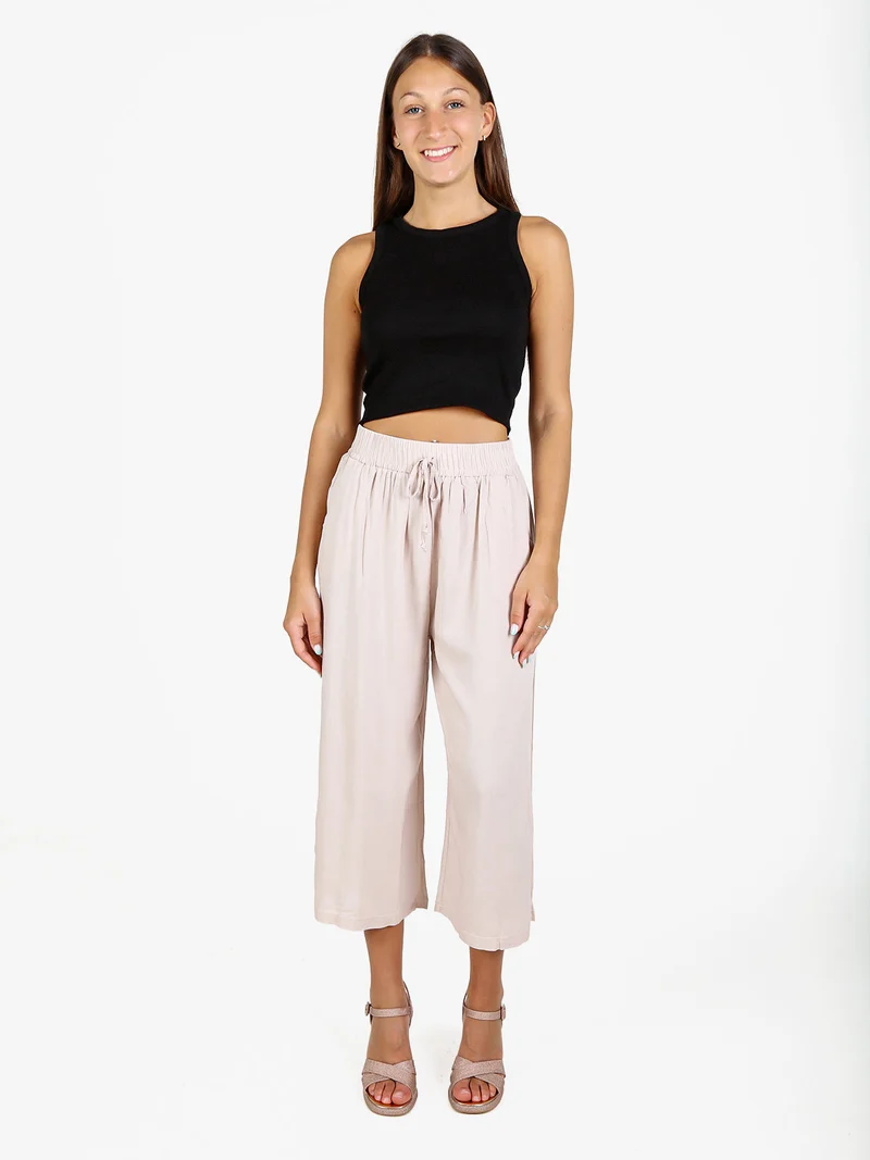 Pantaloni cropped donna a gamba larga in cotone - beige