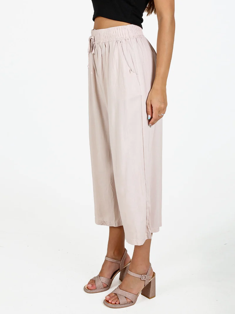 Pantaloni cropped donna a gamba larga in cotone - beige
