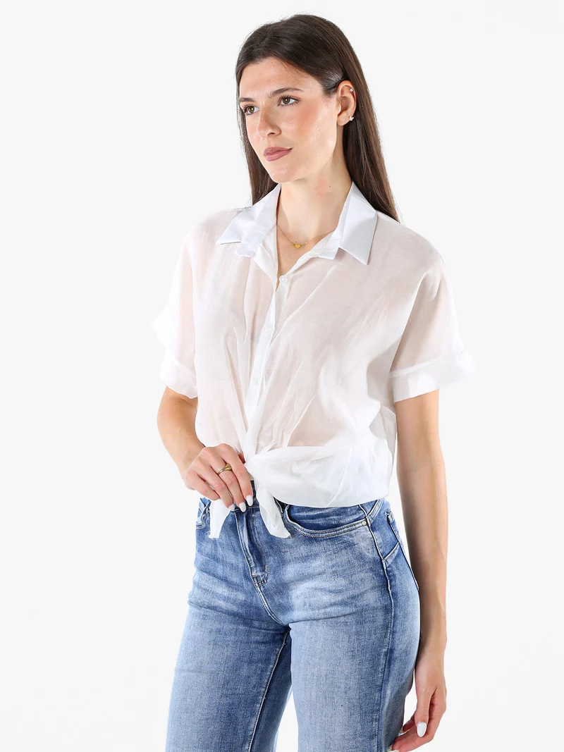 Camicia donna annodata a maniche corte - bianco