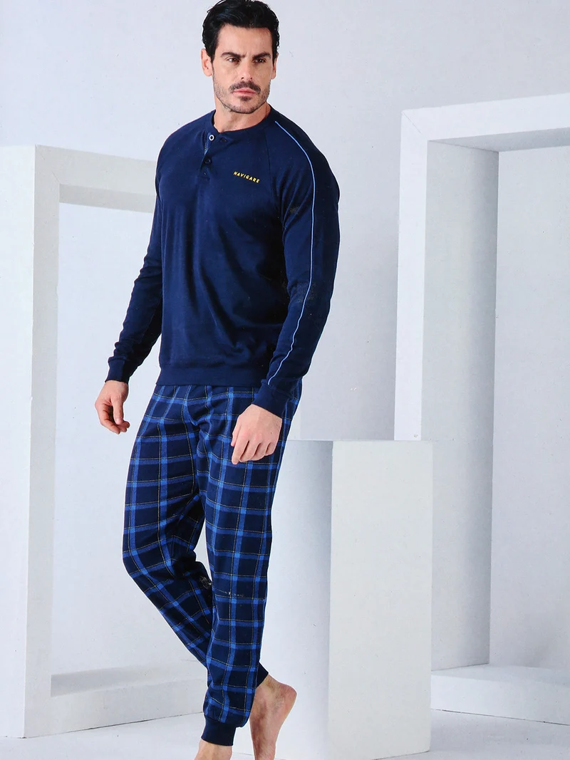 Pigiama lungo da uomo in cotone interlock - blu scuro