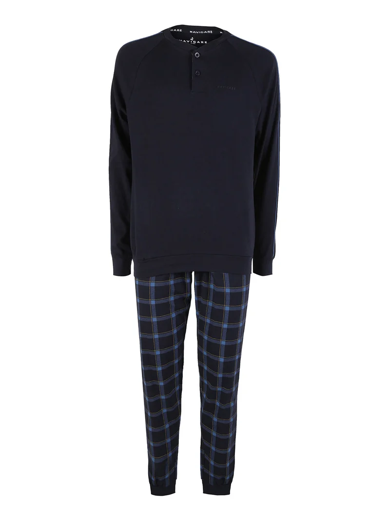 Pigiama lungo da uomo in cotone interlock - blu scuro