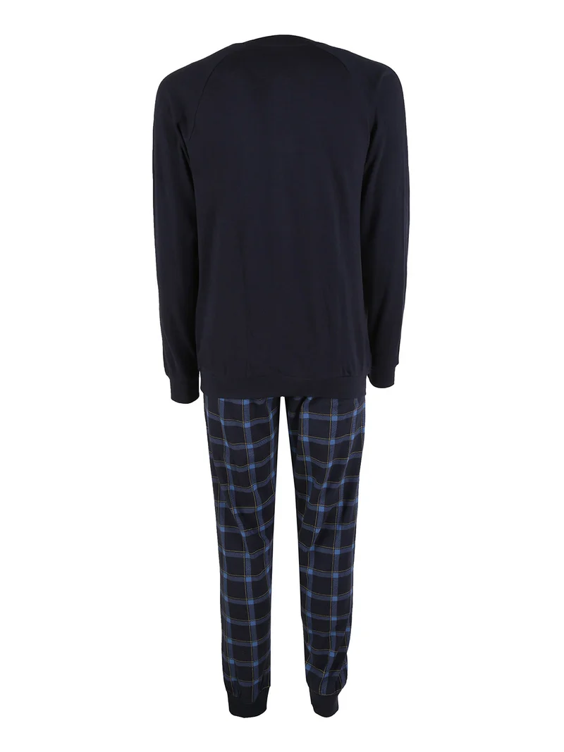 Pigiama lungo da uomo in cotone interlock - blu scuro