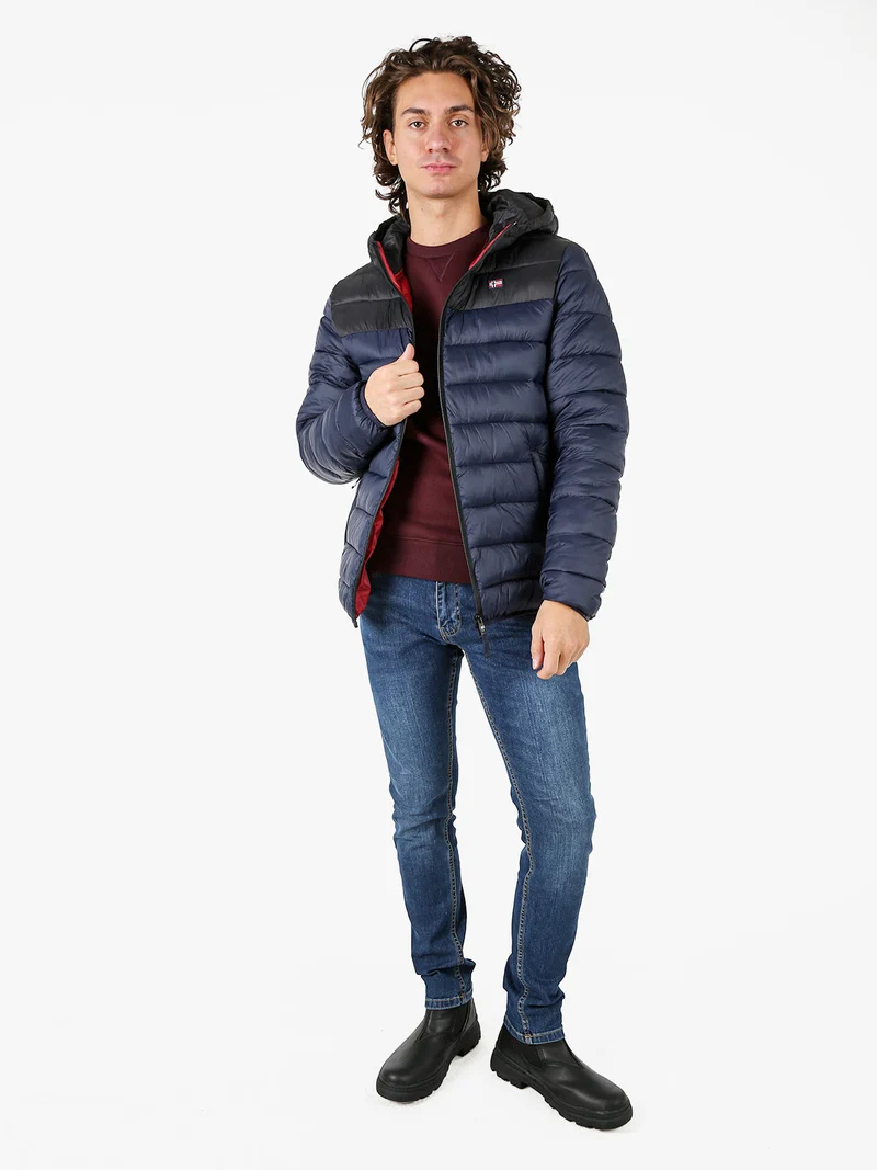 Giubbotto imbottito da uomo con cappuccio e zip - blu scuro