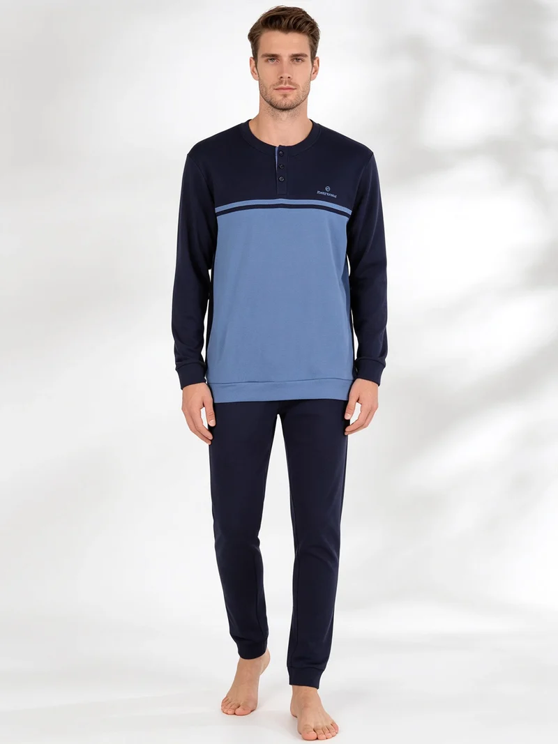 Pigiama lungo da uomo in cotone interlock - blu