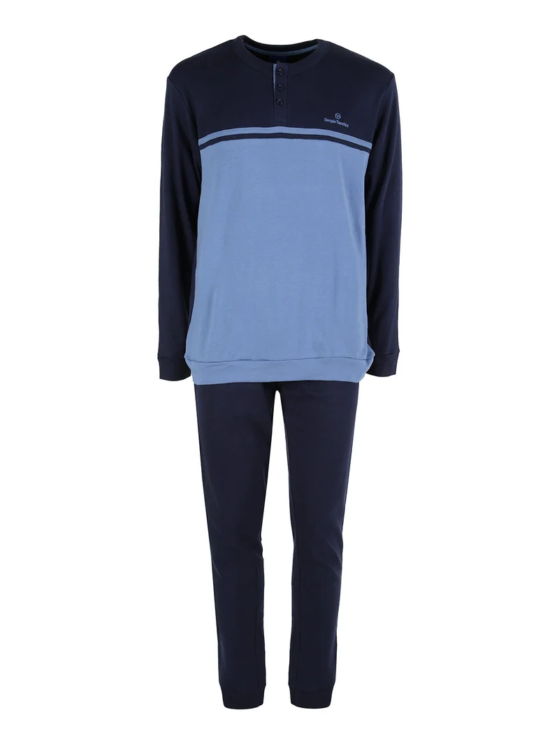 Pigiama lungo da uomo in cotone interlock - blu