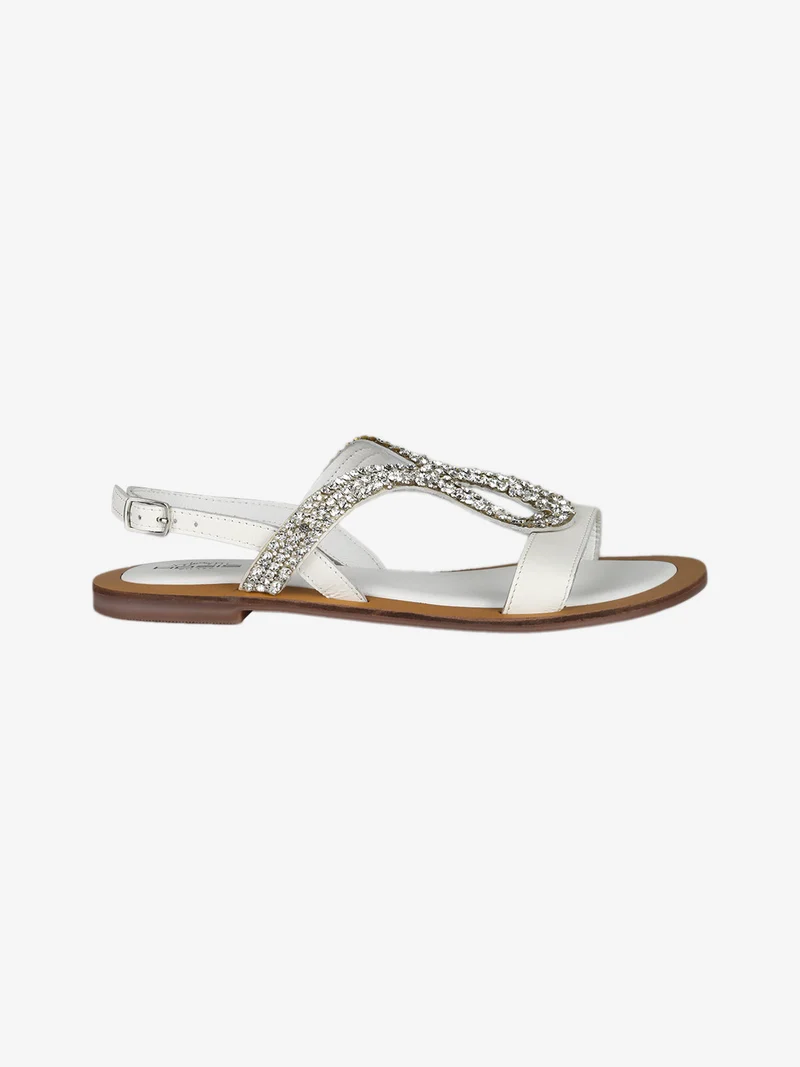 Sandali bassi in pelle con strass - bianco