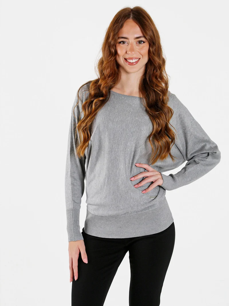 Maglia donna con scollo a barca e borchie - grigio