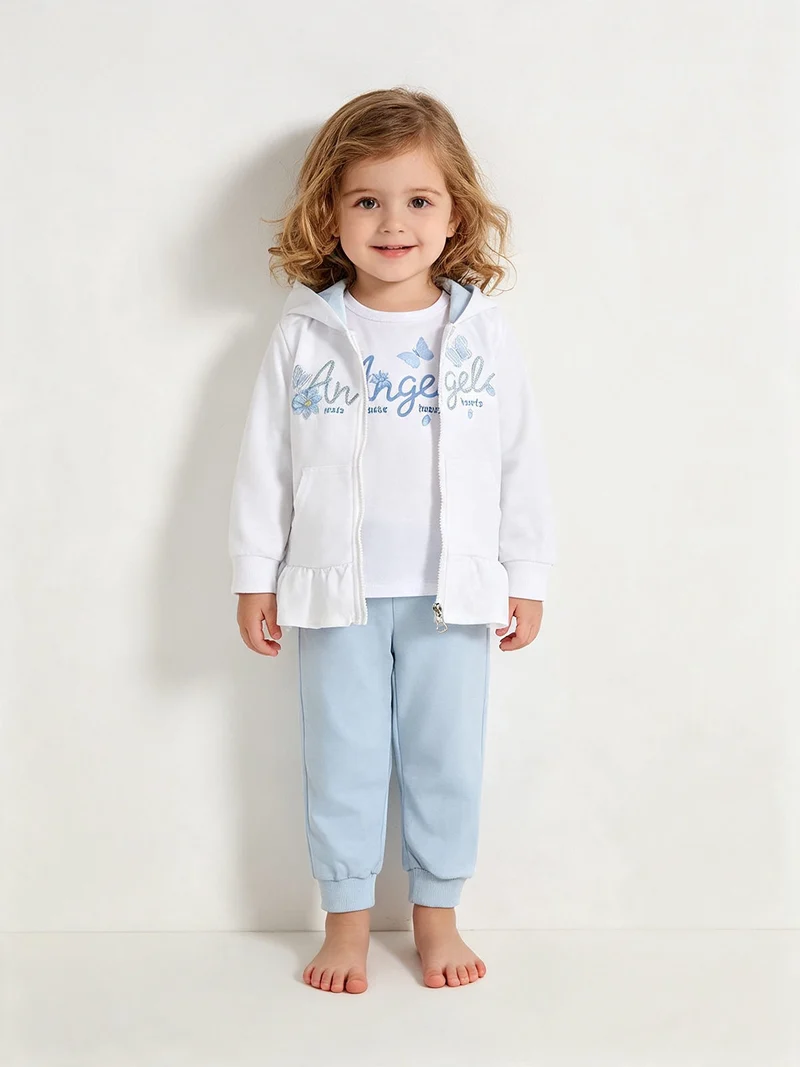 Completo 3 pezzi da neonata con cappuccio e zip - bianco