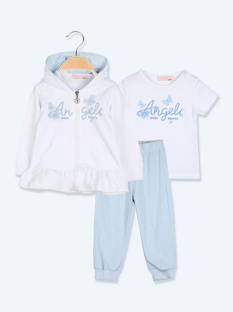 Completo 3 pezzi da neonata con cappuccio e zip - bianco