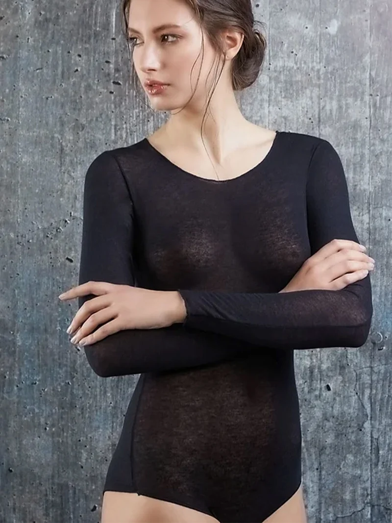 Body donna a maniche lunghe in cashmere ultra light - nero
