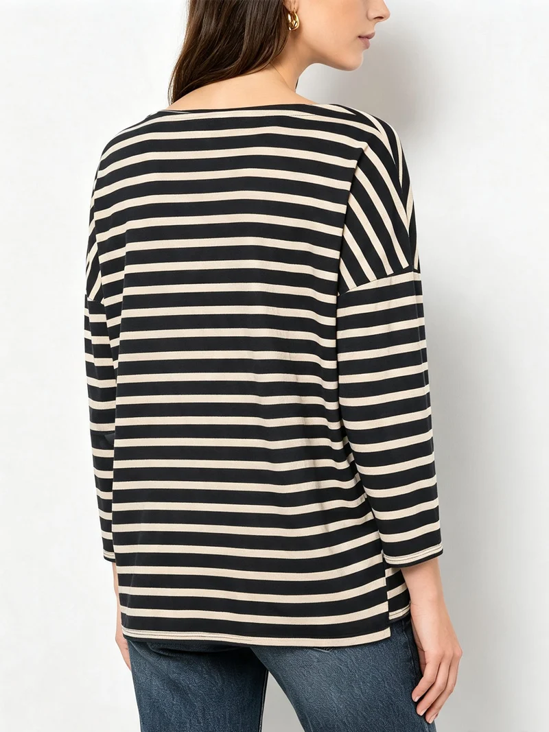 T-shirt donna oversize a maniche lunghe con stampa a righe - nero