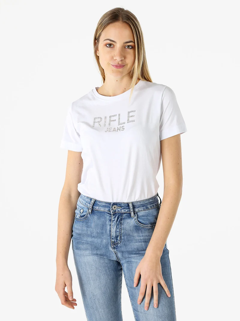 T-shirt in cotone da donna con applicazioni micro borchie - bianco