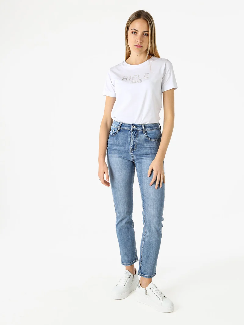 T-shirt in cotone da donna con applicazioni micro borchie - bianco