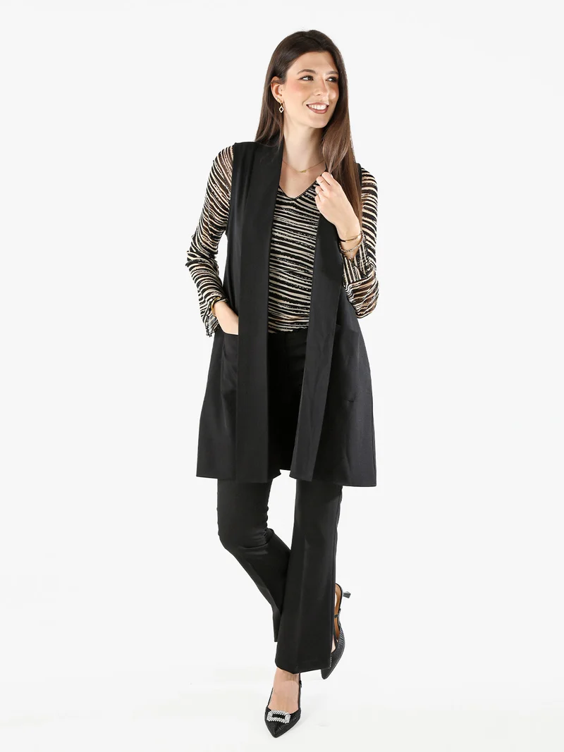 Gilet donna lungo con tasche - nero