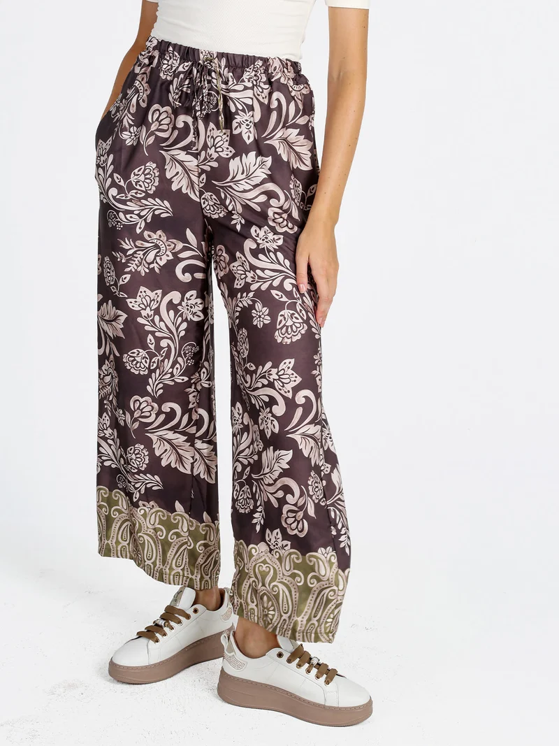 Pantaloni donna a gamba larga con stampe - marrone