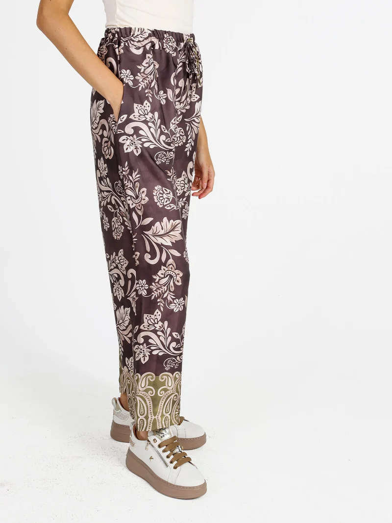 Pantaloni donna a gamba larga con stampe - marrone