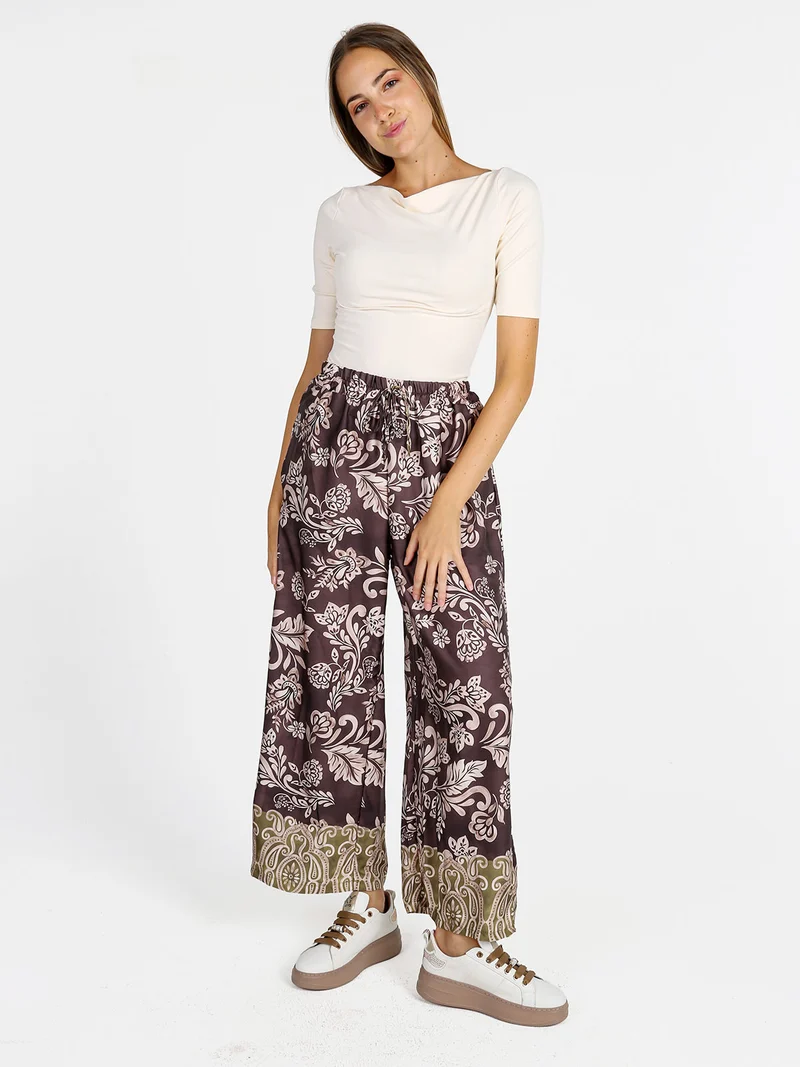 Pantaloni donna a gamba larga con stampe - marrone