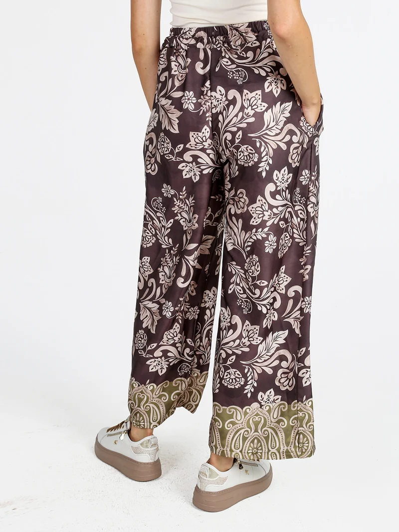 Pantaloni donna a gamba larga con stampe - marrone