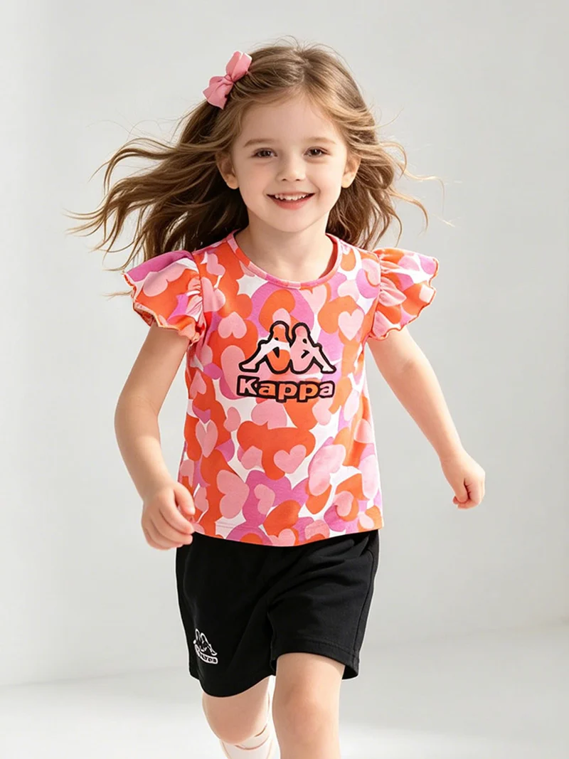 Completo corto da neonata 2 pezzi in cotone con maniche a volant e shorts - arancione