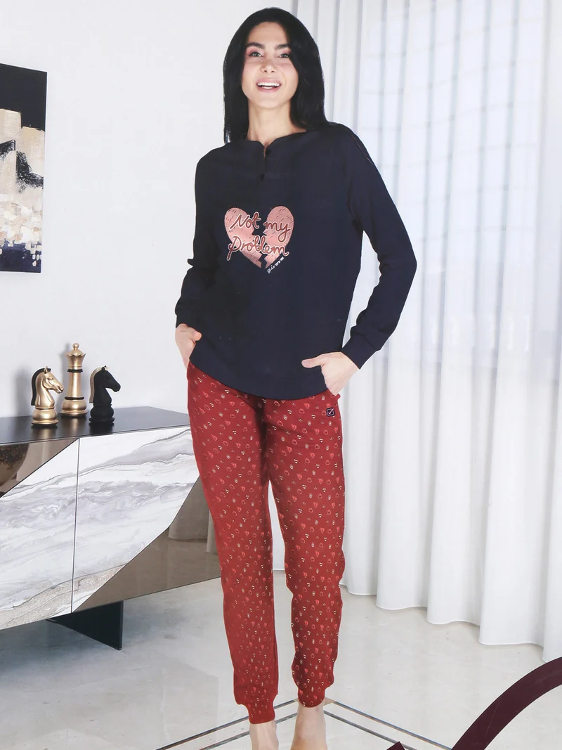 Pigiama lungo da donna in cotone interlock - blu scuro
