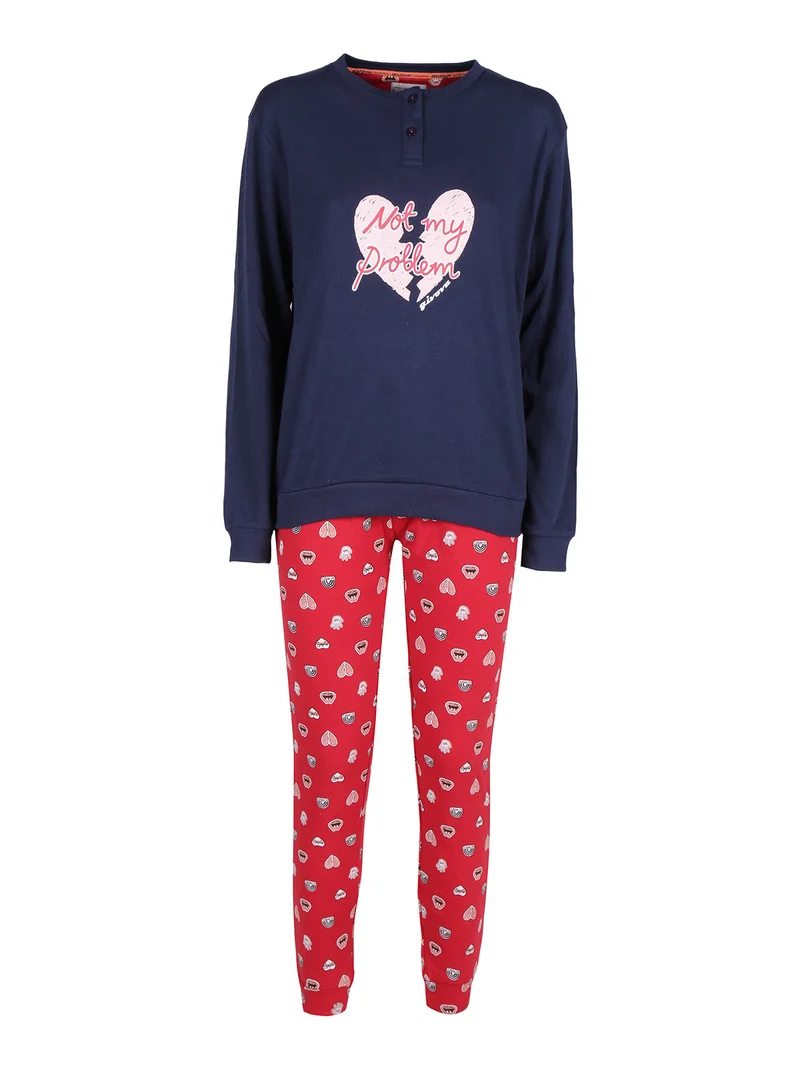 Pigiama lungo da donna in cotone interlock - blu scuro