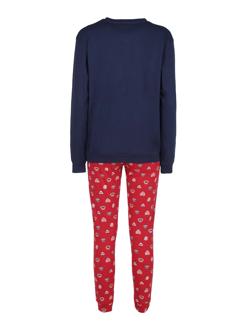 Pigiama lungo da donna in cotone interlock - blu scuro