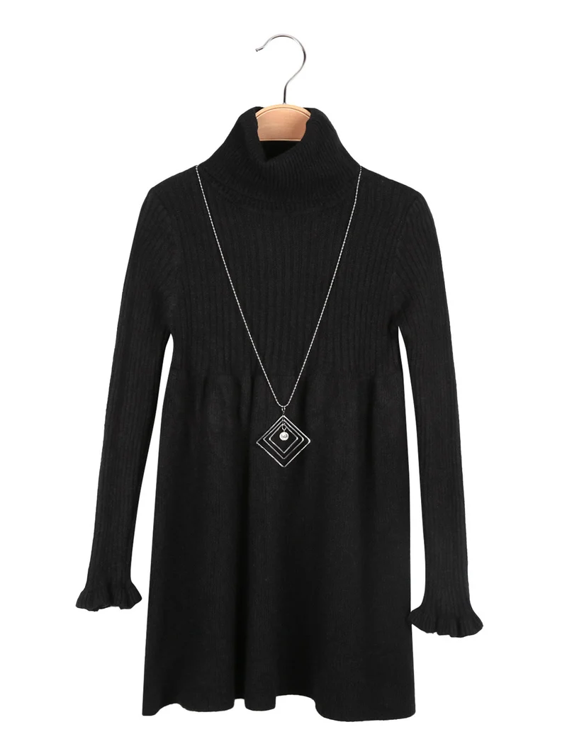 Vestito da bambina dolcevita in maglia con collana - nero