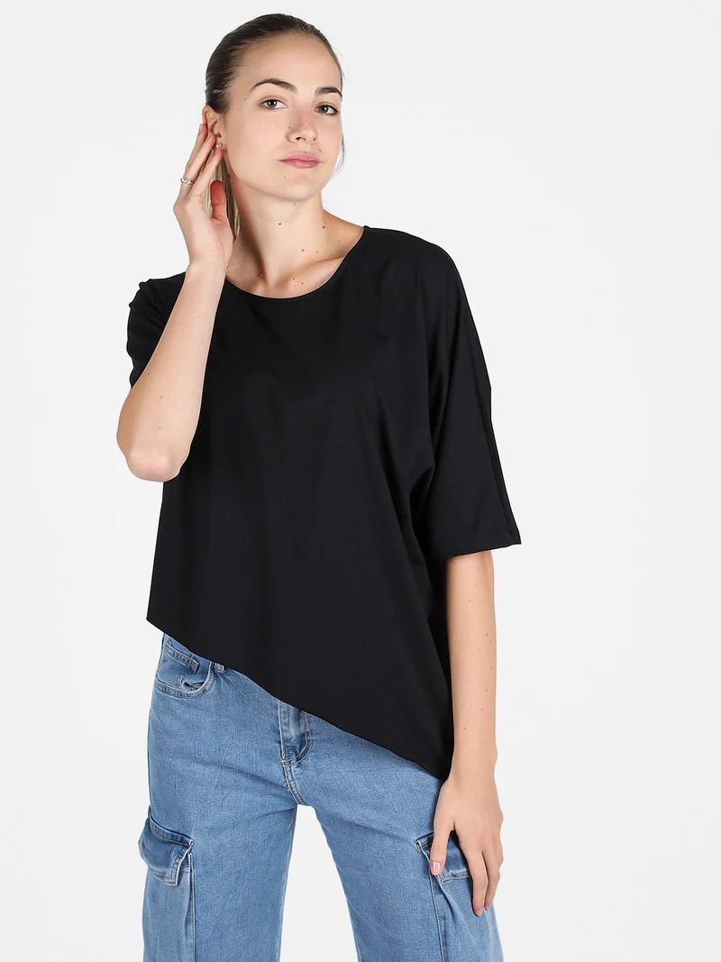 T-shirt donna asimmetrica in cotone - nero