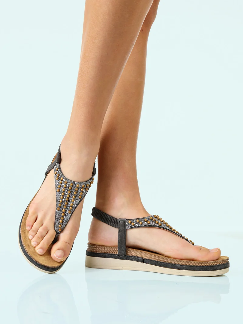 Sandali donna a infradito con perline e cinturino elastico - nero
