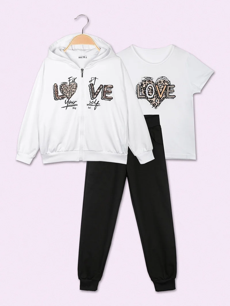 Completo 3 pezzi da ragazza con cappuccio e zip - bianco