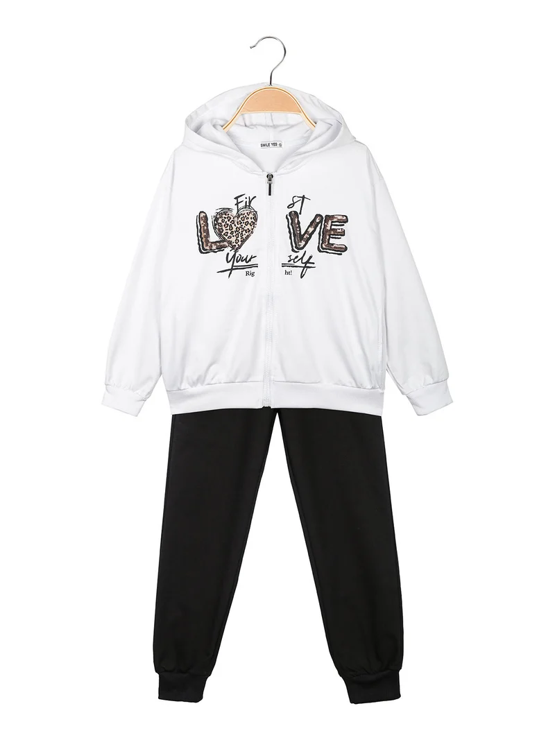 Completo 3 pezzi da ragazza con cappuccio e zip - bianco