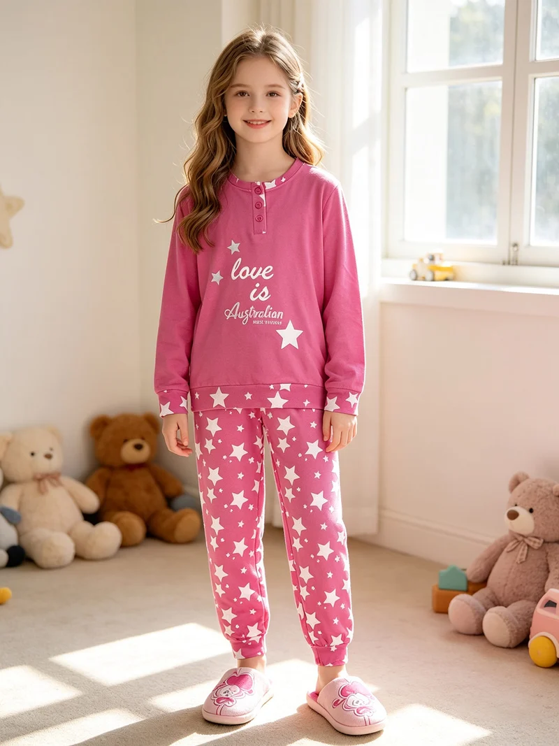 Pigiama lungo da bambina in caldo cotone - fucsia