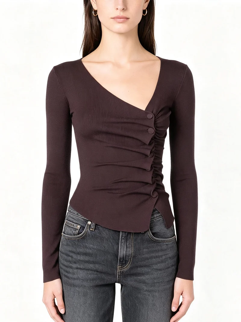Top donna in maglia a maniche lunghe con bottoni - moro