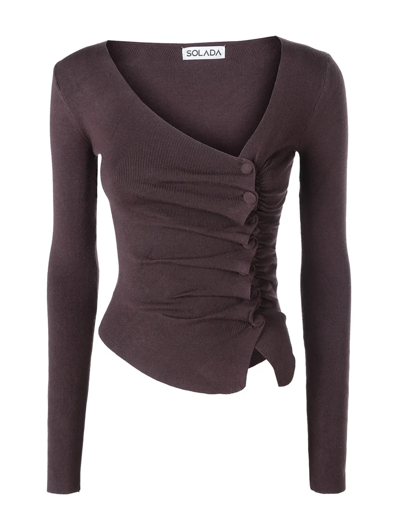 Top donna in maglia a maniche lunghe con bottoni - moro