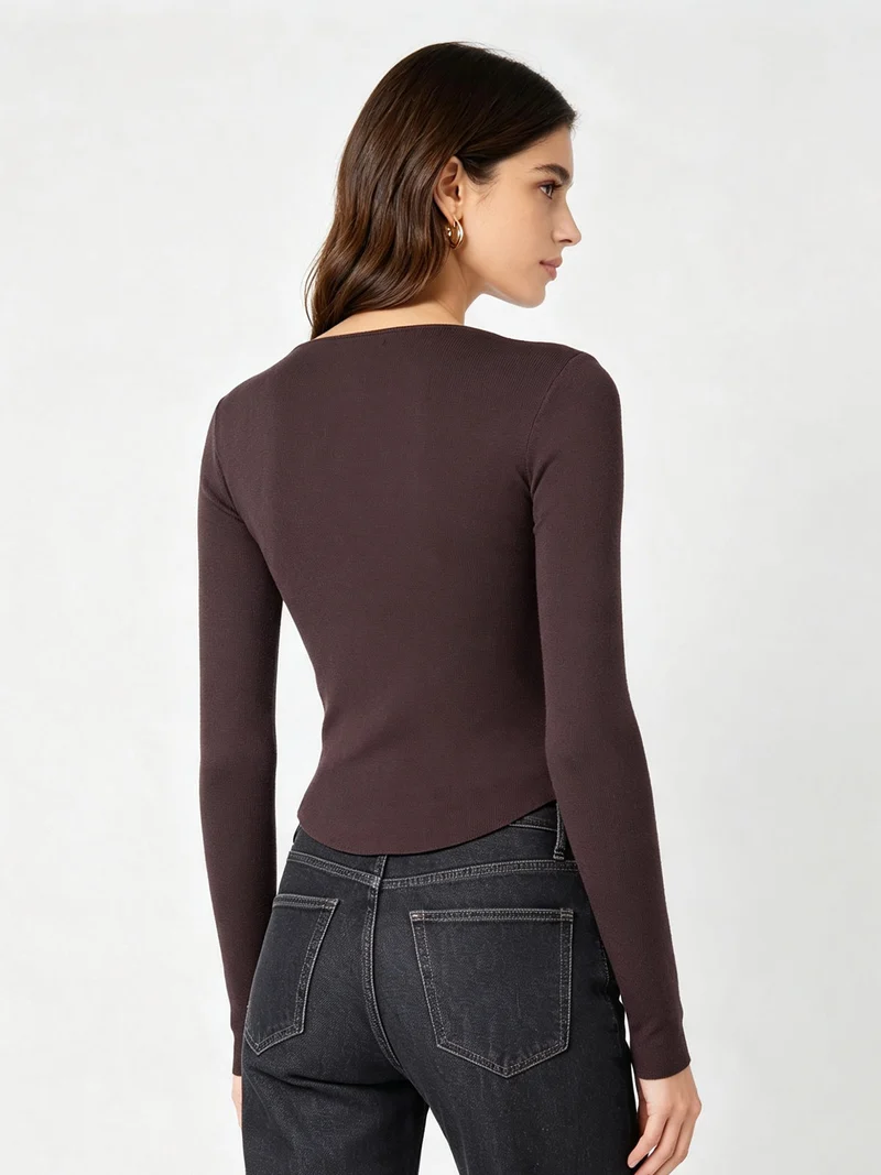 Top donna in maglia a maniche lunghe con bottoni - moro