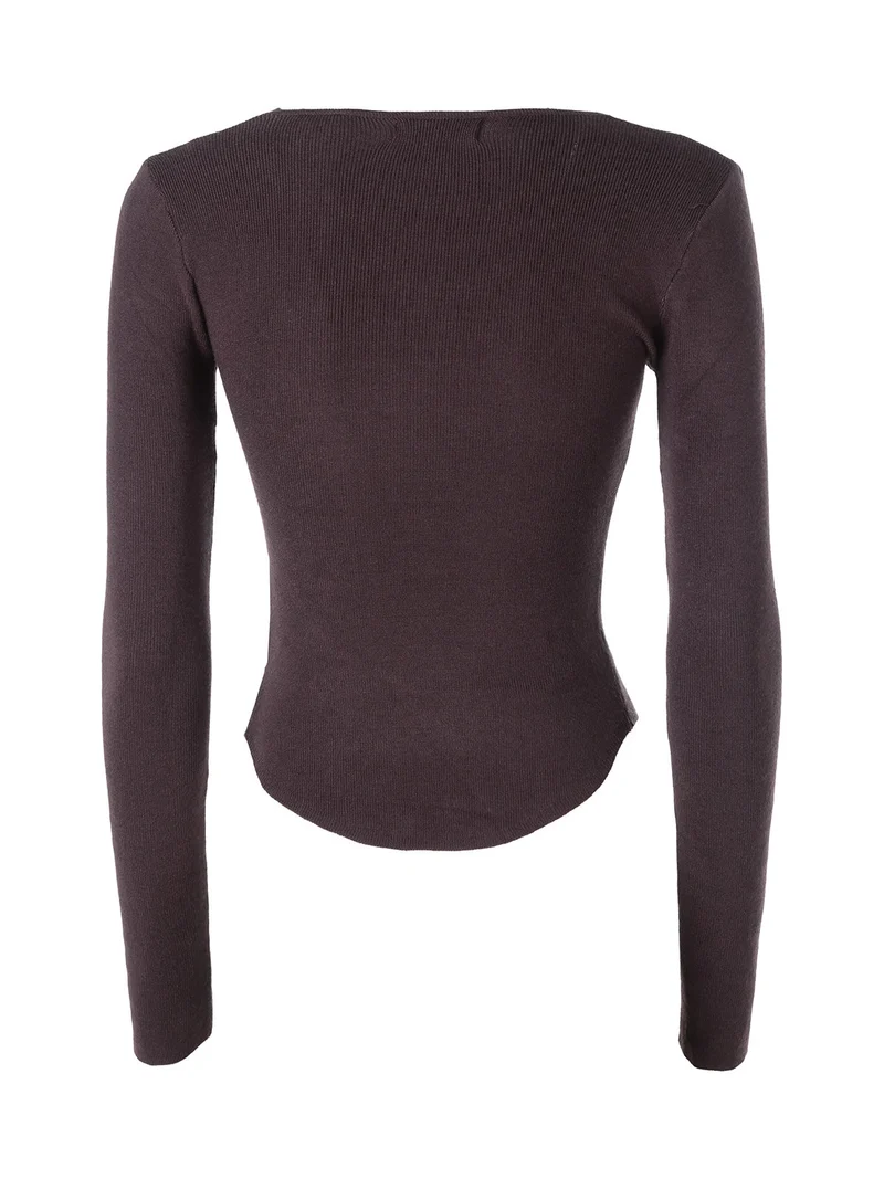 Top donna in maglia a maniche lunghe con bottoni - moro