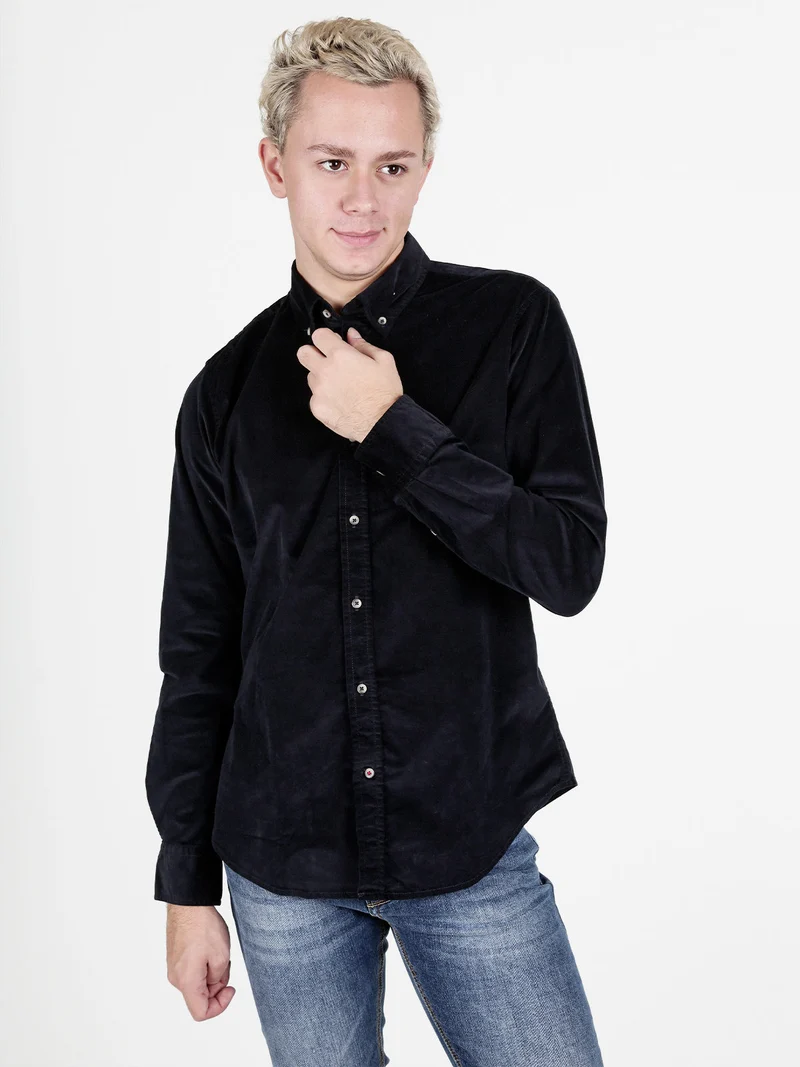 Camicia da uomo in velluto a maniche lunghe - blu scuro