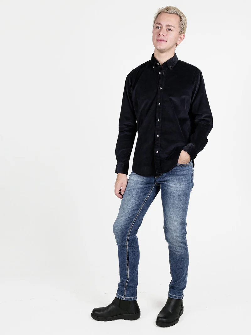Camicia da uomo in velluto a maniche lunghe - blu scuro