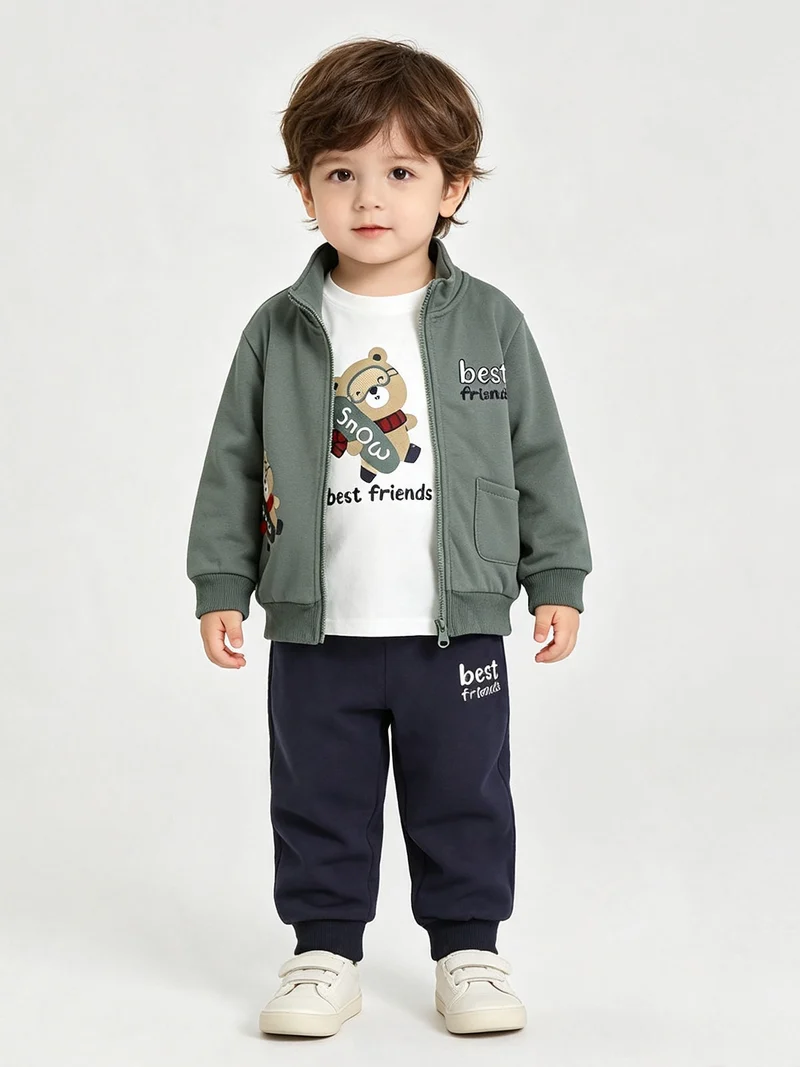 Completo tuta 3 pezzi da neonato full zip con interno felpato - verde
