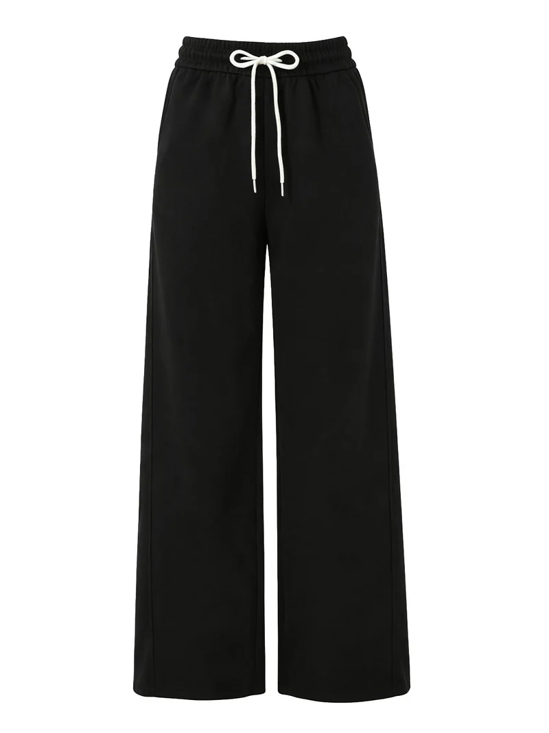 Pantaloni da donna in felpa a gamba larga con coulisse - nero