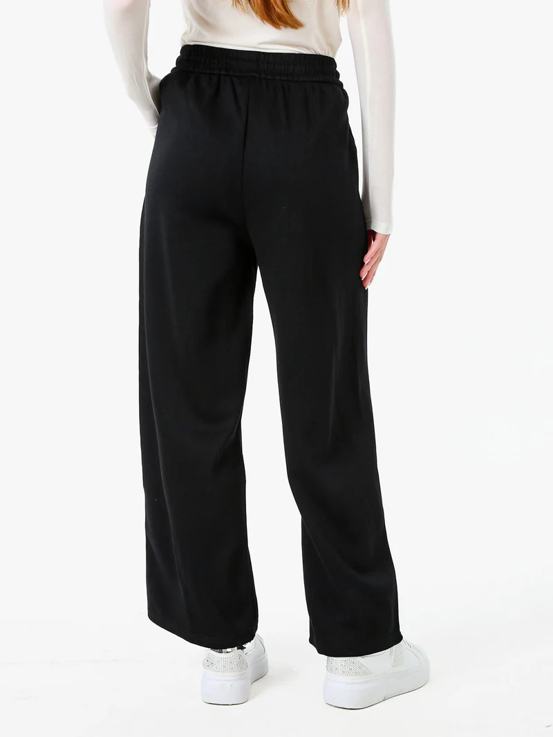 Pantaloni da donna in felpa a gamba larga con coulisse - nero