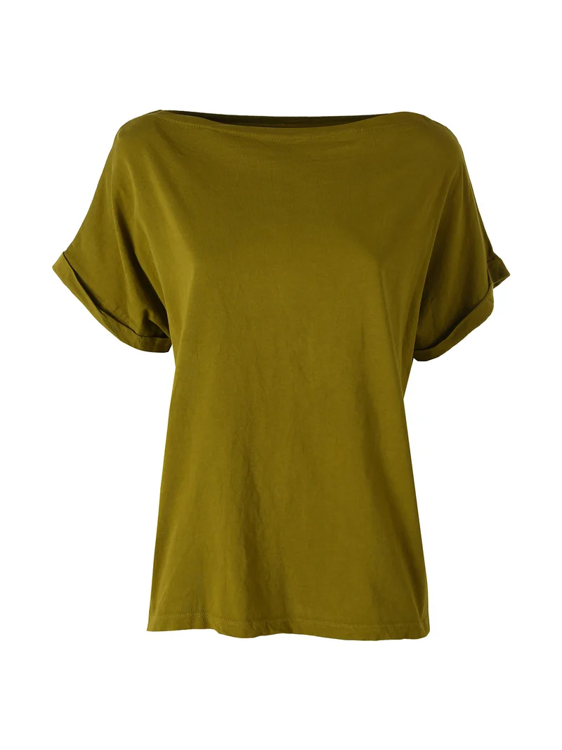T-shirt donna in cotone con scollo a barca - oliva