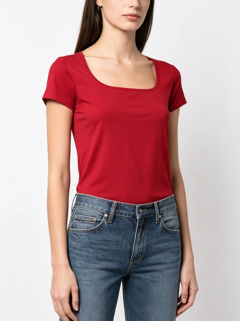 T-shirt da donna in cotone con scollo quadrato - bordeaux