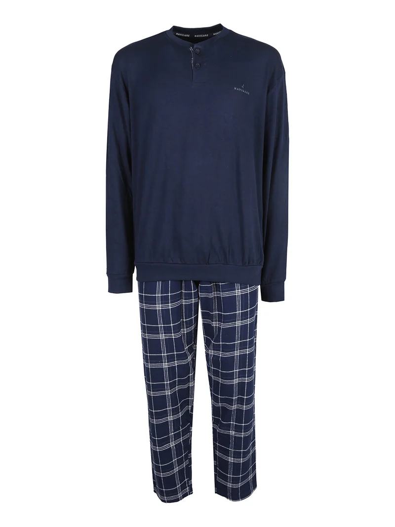 Pigiama da uomo in cotone interlock con pantaloni a quadri - blu scuro