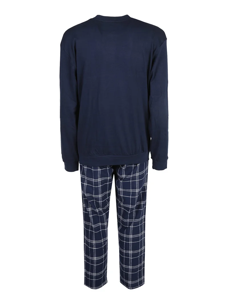 Pigiama da uomo in cotone interlock con pantaloni a quadri - blu scuro