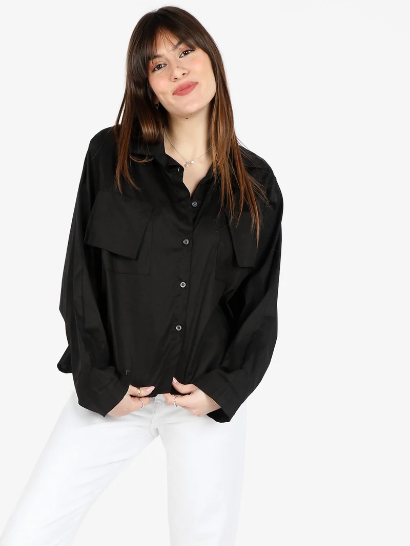 Camicia donna oversize in cotone con tasche - nero