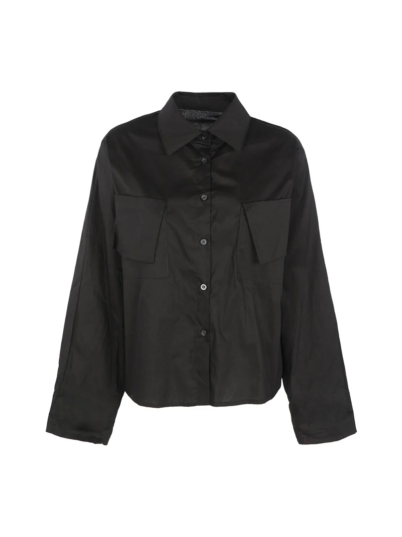 Camicia donna oversize in cotone con tasche - nero