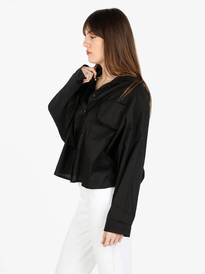 Camicia donna oversize in cotone con tasche - nero